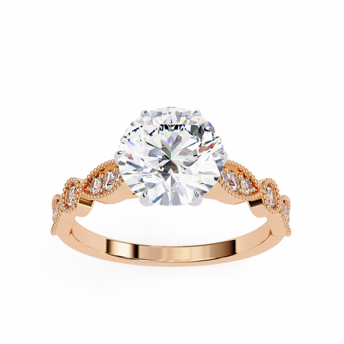 vintage round cut engagement ring with milgrain & marquise motif