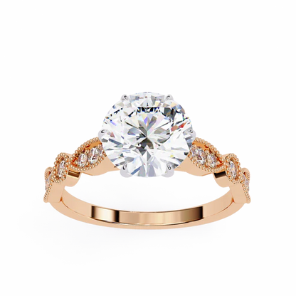 Vintage Round Cut Engagement Ring with Milgrain & Marquise Motif