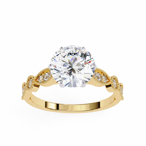 vintage round cut engagement ring with milgrain & marquise motif