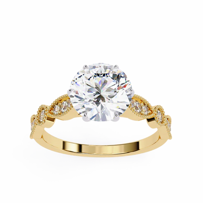 Vintage Round Cut Engagement Ring with Milgrain & Marquise Motif