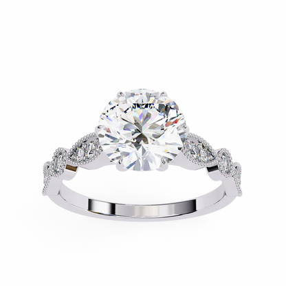 Vintage Round Cut Engagement Ring with Milgrain & Marquise Motif