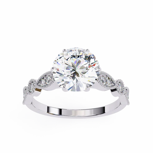 Vintage Round Cut Engagement Ring with Milgrain & Marquise Motif