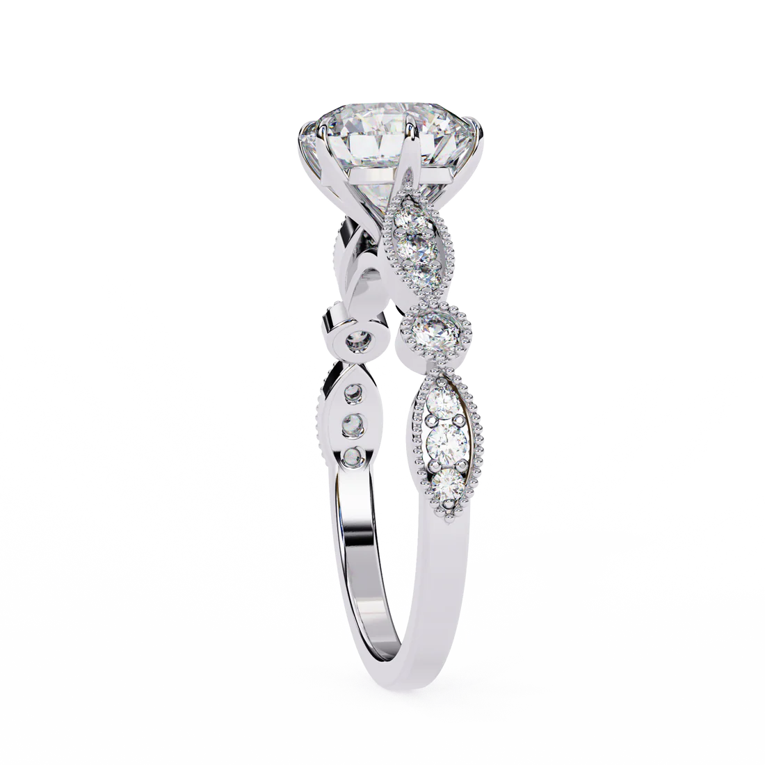 vintage round cut engagement ring with milgrain & marquise motif