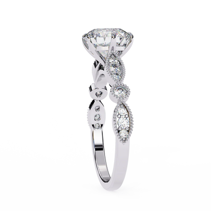 Vintage Round Cut Engagement Ring with Milgrain & Marquise Motif