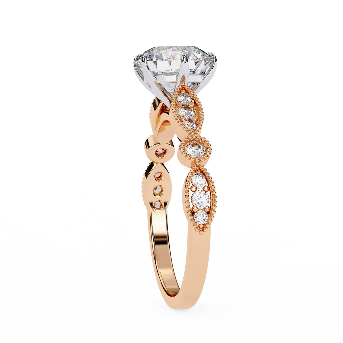 vintage round cut engagement ring with milgrain & marquise motif