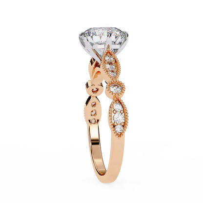 Vintage Round Cut Engagement Ring with Milgrain & Marquise Motif
