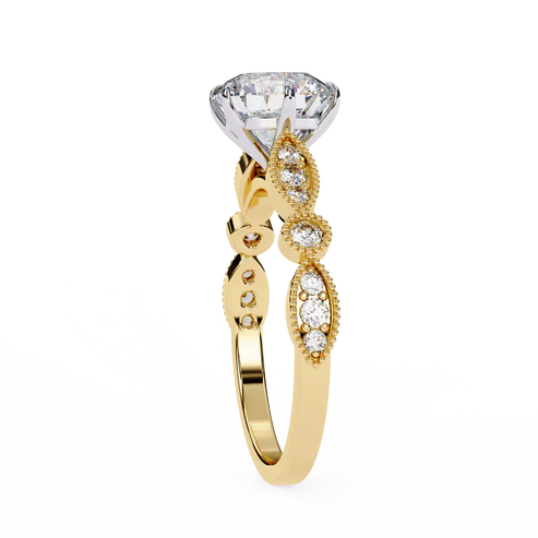 vintage round cut engagement ring with milgrain & marquise motif