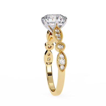 Vintage Round Cut Engagement Ring with Milgrain & Marquise Motif