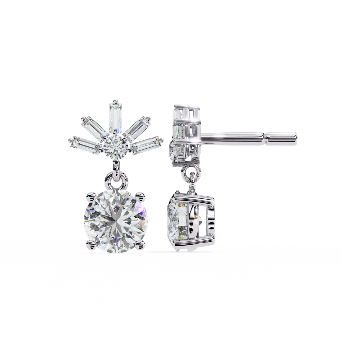 stunning round diamond drop earrings accented with a baguette halo