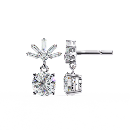 Stunning Round Diamond Drop Earrings Accented with a Baguette Halo