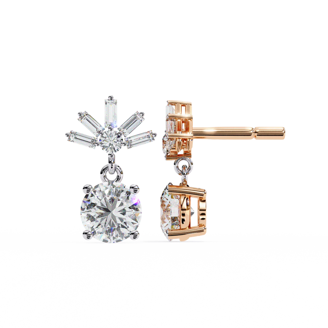 stunning round diamond drop earrings accented with a baguette halo