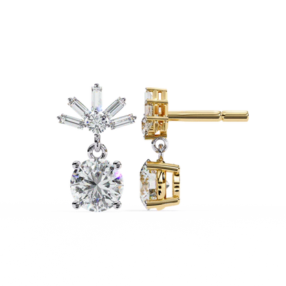 Stunning Round Diamond Drop Earrings Accented with a Baguette Halo