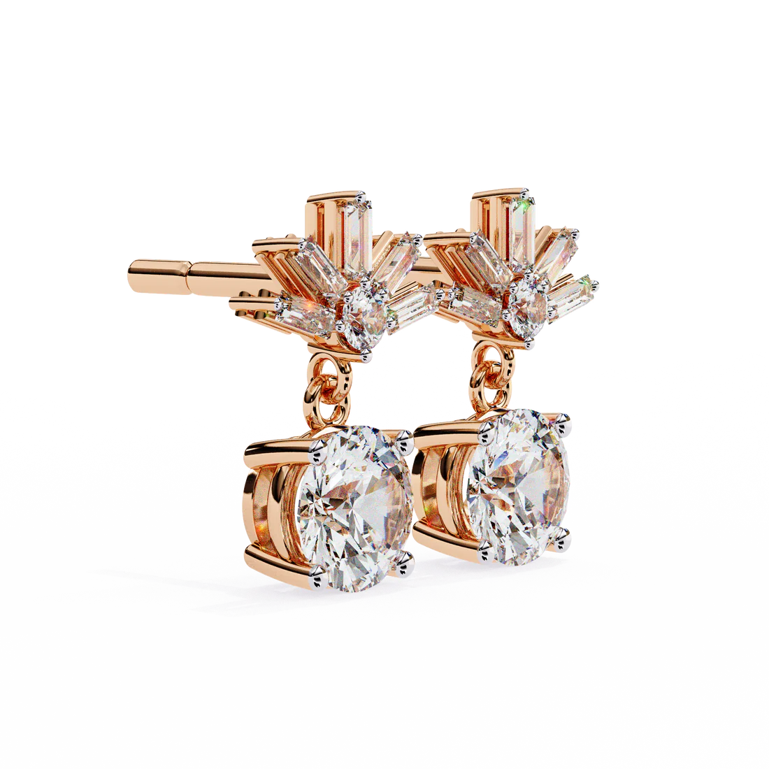 stunning round diamond drop earrings accented with a baguette halo