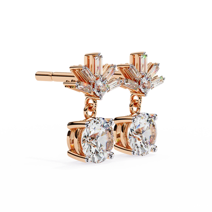 Stunning Round Diamond Drop Earrings Accented with a Baguette Halo