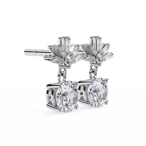 stunning round diamond drop earrings accented with a baguette halo