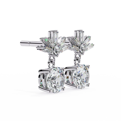 Stunning Round Diamond Drop Earrings Accented with a Baguette Halo