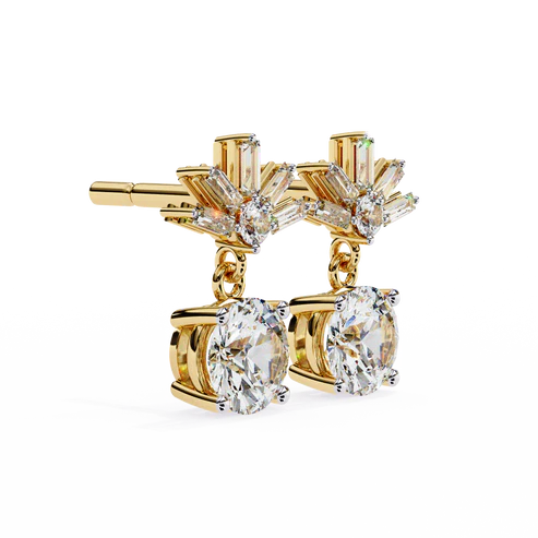 stunning round diamond drop earrings accented with a baguette halo