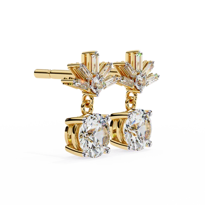 Stunning Round Diamond Drop Earrings Accented with a Baguette Halo
