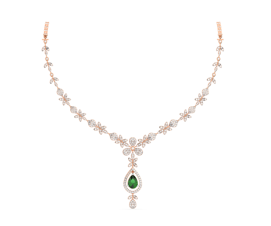 Elegant Rose Gold Diamond & Green Stone Necklace